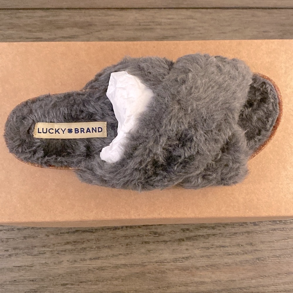NIB [Lucky Brand] Marana Faux Fur Cork Slide Sandals in Graphite Women’s Sz 5.5 - Picture 8 of 12